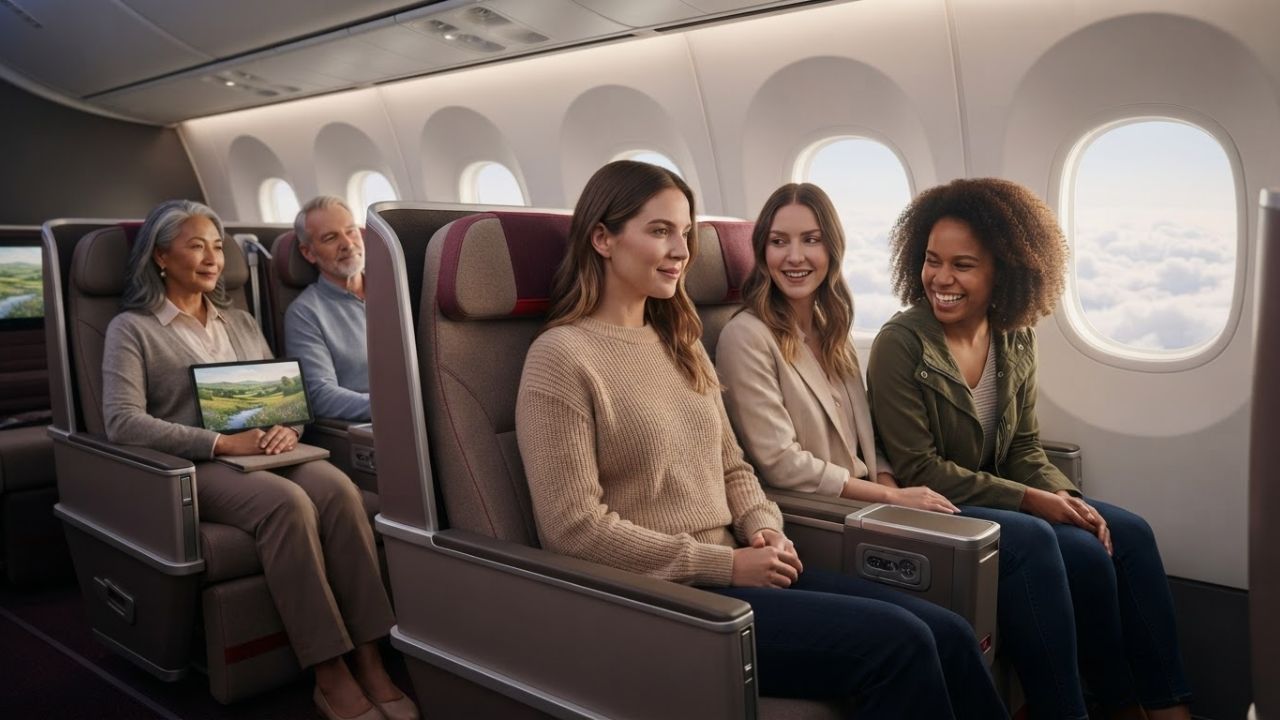 A passenger relaxing in an airline seat watching a short film on an inflight entertainment screen.