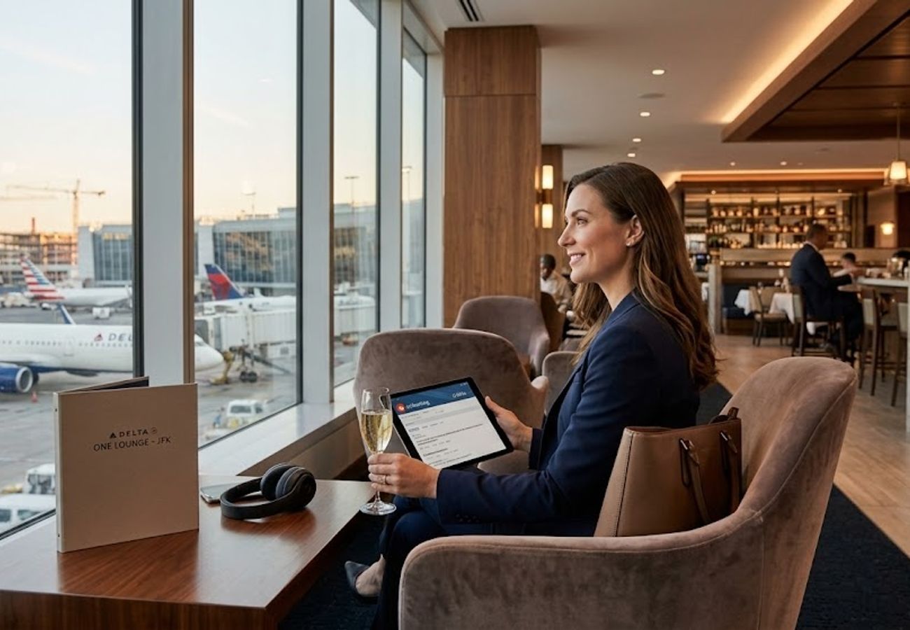 Modern luxury airline lounge at New York JFK airport with floor-to-ceiling tarmac views, marble bar, and premium seating