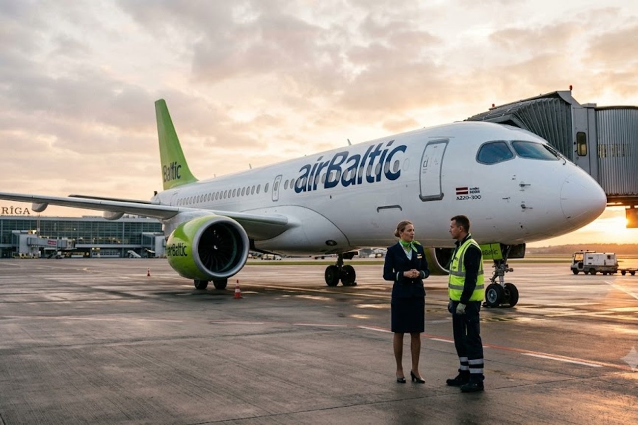 Green-tailed airBaltic Airbus A220 passenger aircraft parked on airport tarmac under northern Baltic skies
