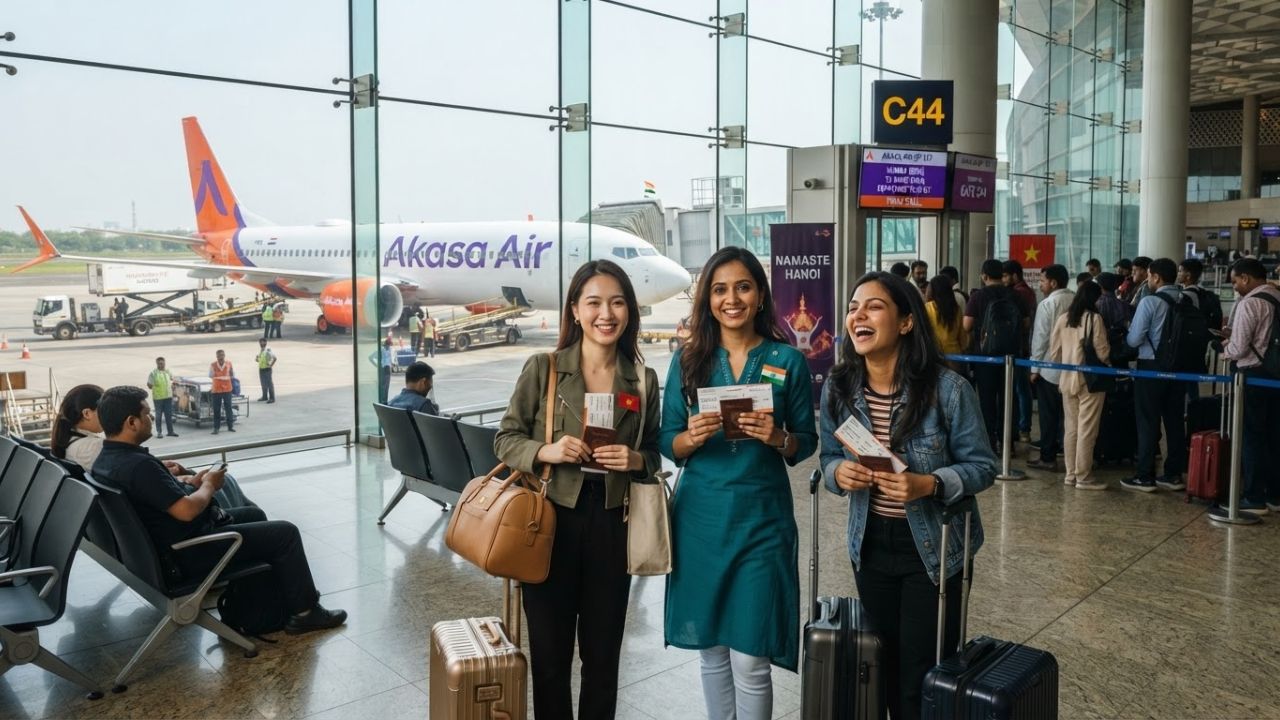 Akasa Air modern passenger aircraft on the tarmac ready for international departure from Mumbai to Hanoi