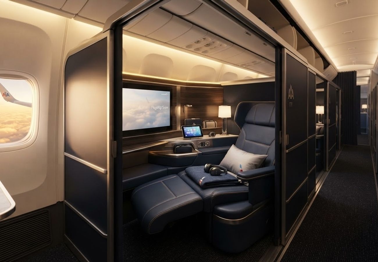 Interior of American Airlines Flagship Suite showing privacy doors and premium seating