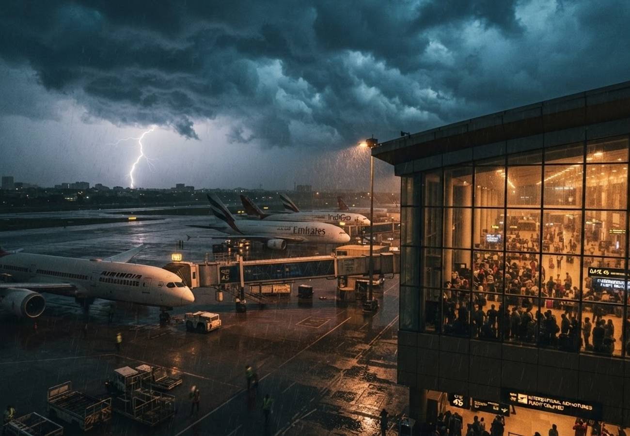 Aerial view of grounded aircraft at a major Asian airport hub during weather disruptions