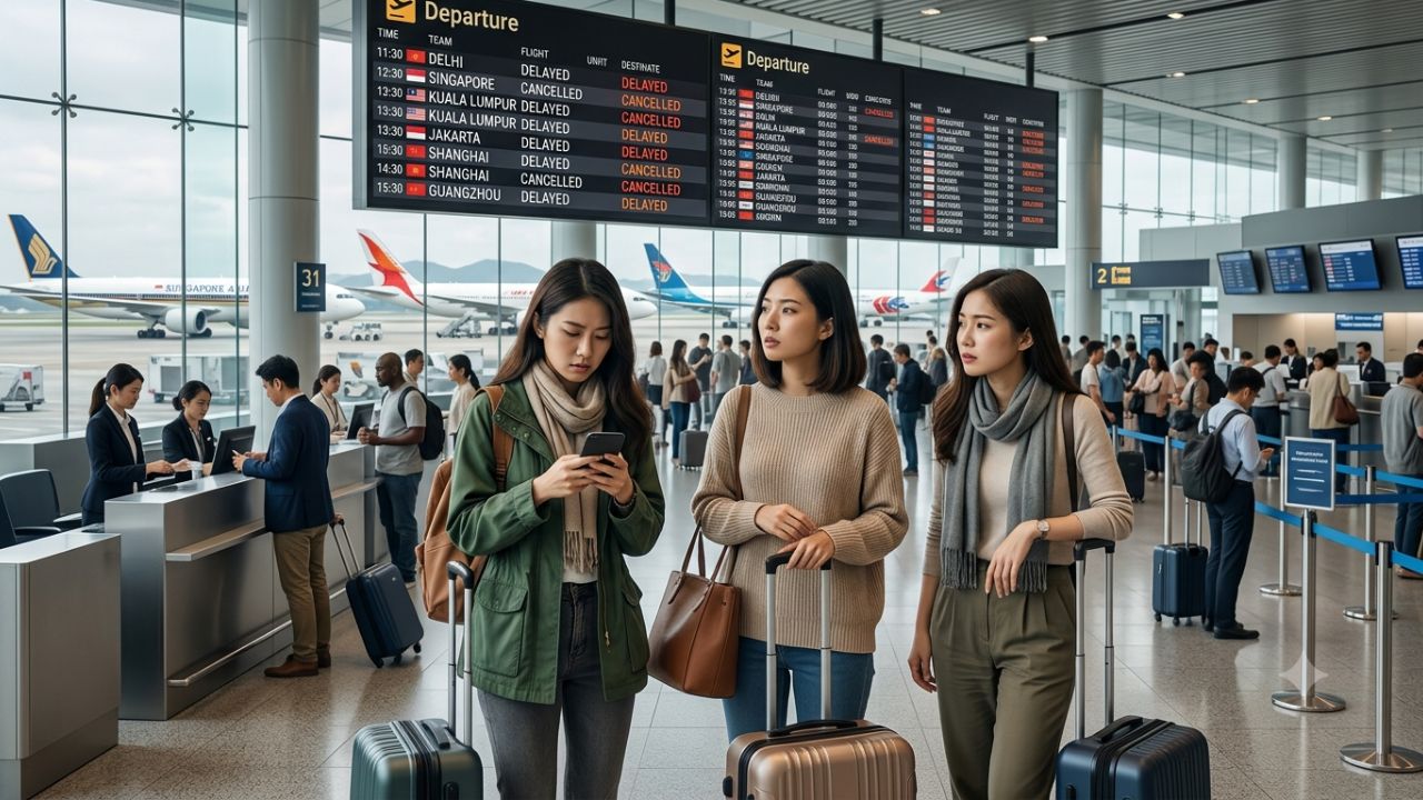 Changi Airport terminal departure board showing flight delays across Asia