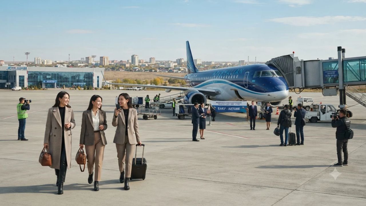 Azerbaijan Airlines passenger jet parked at airport gate with boarding bridge attached