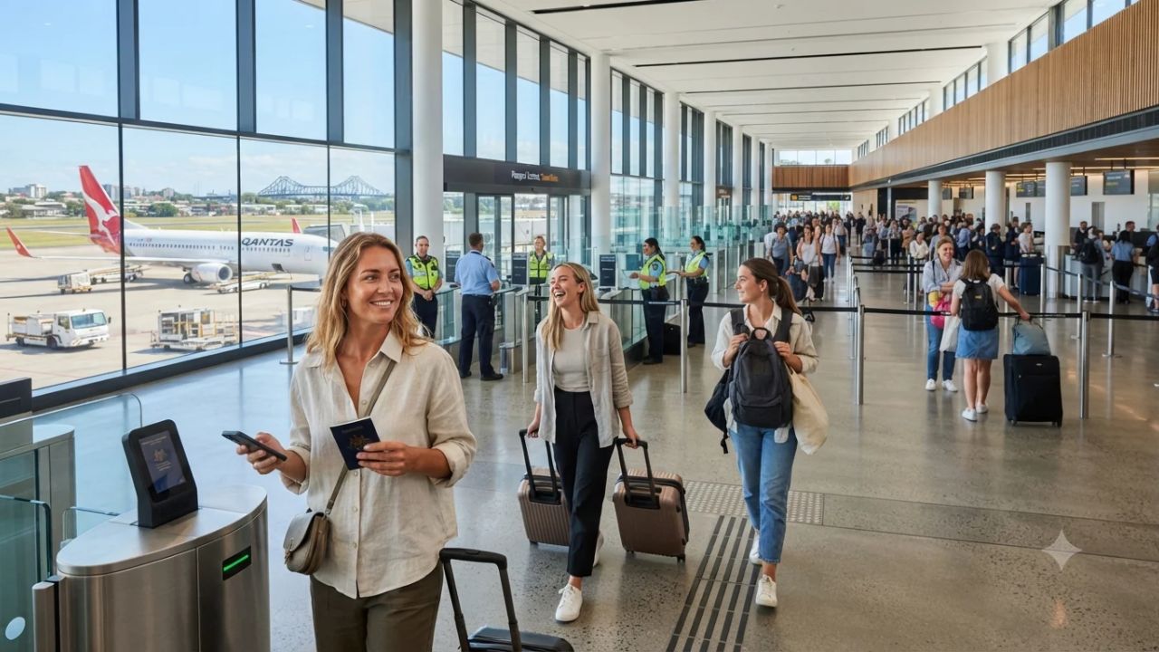 Modern interior of Brisbane Airport International Terminal showing streamlined security screening and passport control lanes