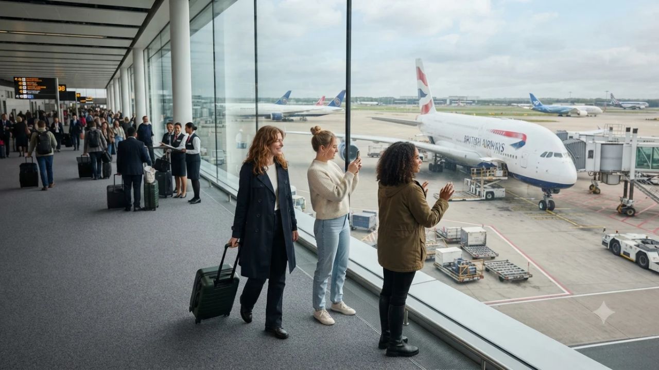 British Airways Airbus A380 double-decker passenger aircraft parked at London Heathrow Airport