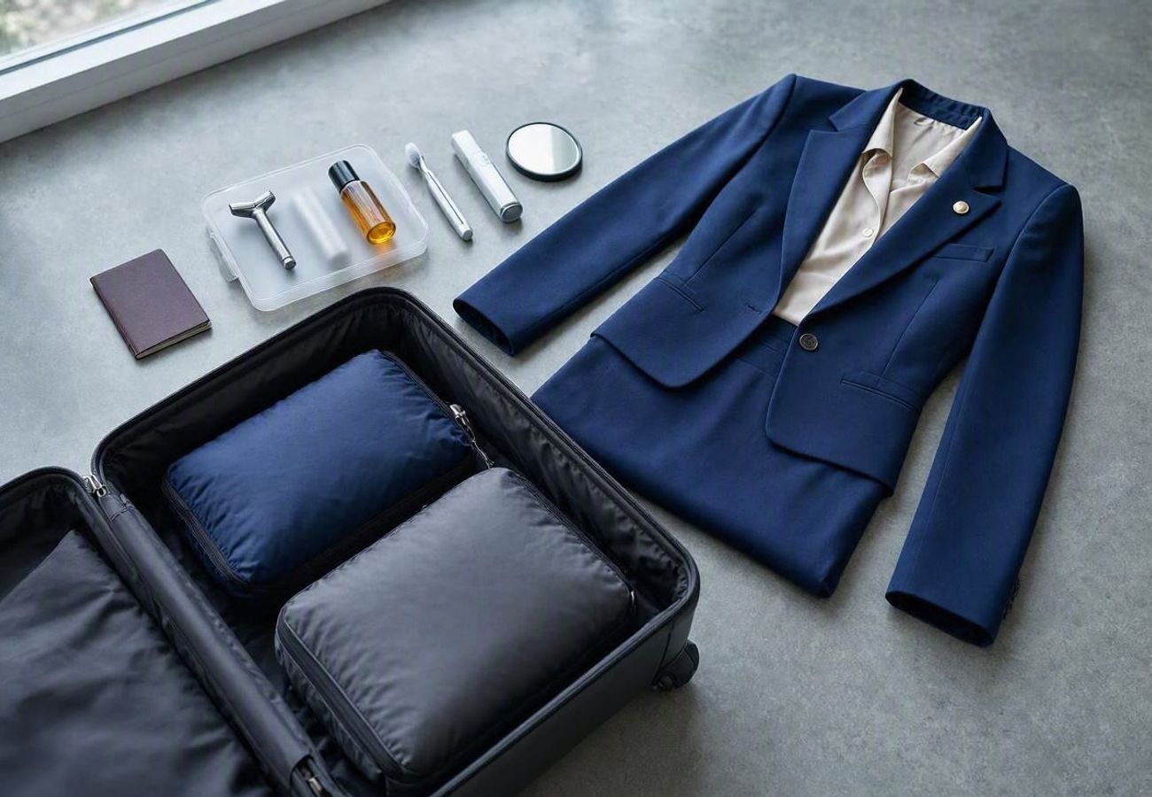 A professional carry-on suitcase being packed with organized clothing and toiletries