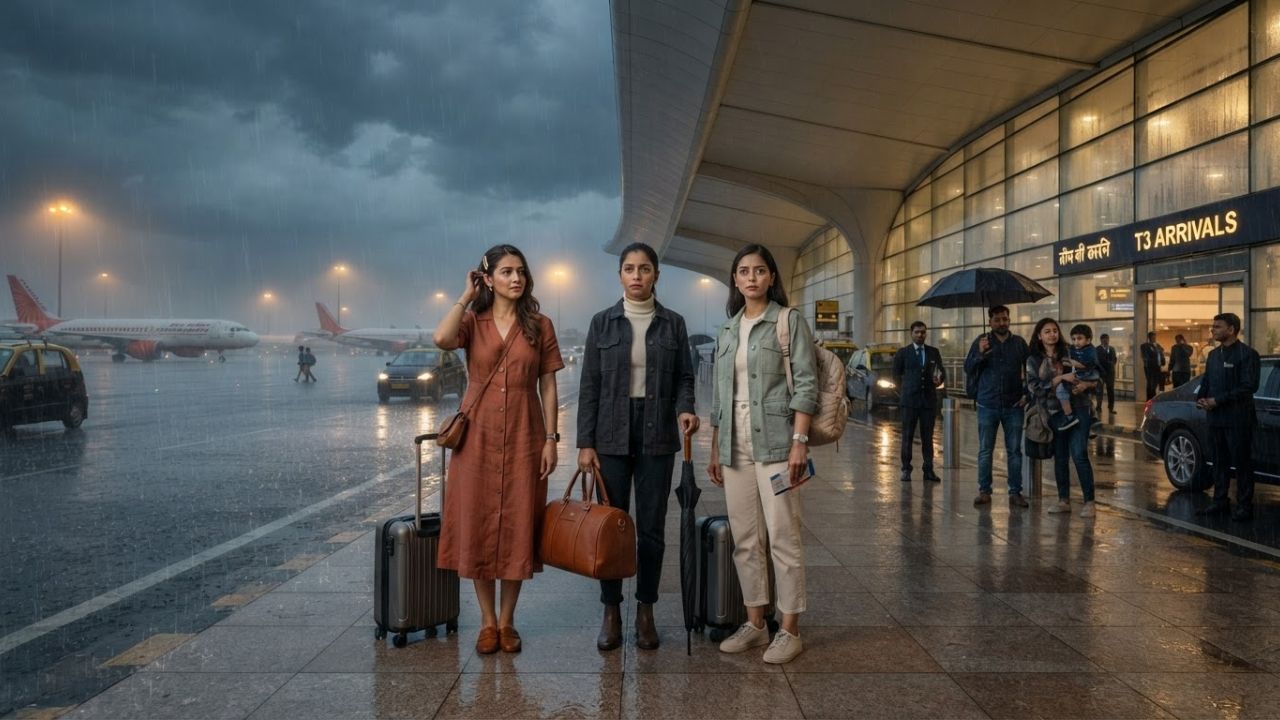 Rain-soaked airfield apron at Indira Gandhi International Airport in Delhi