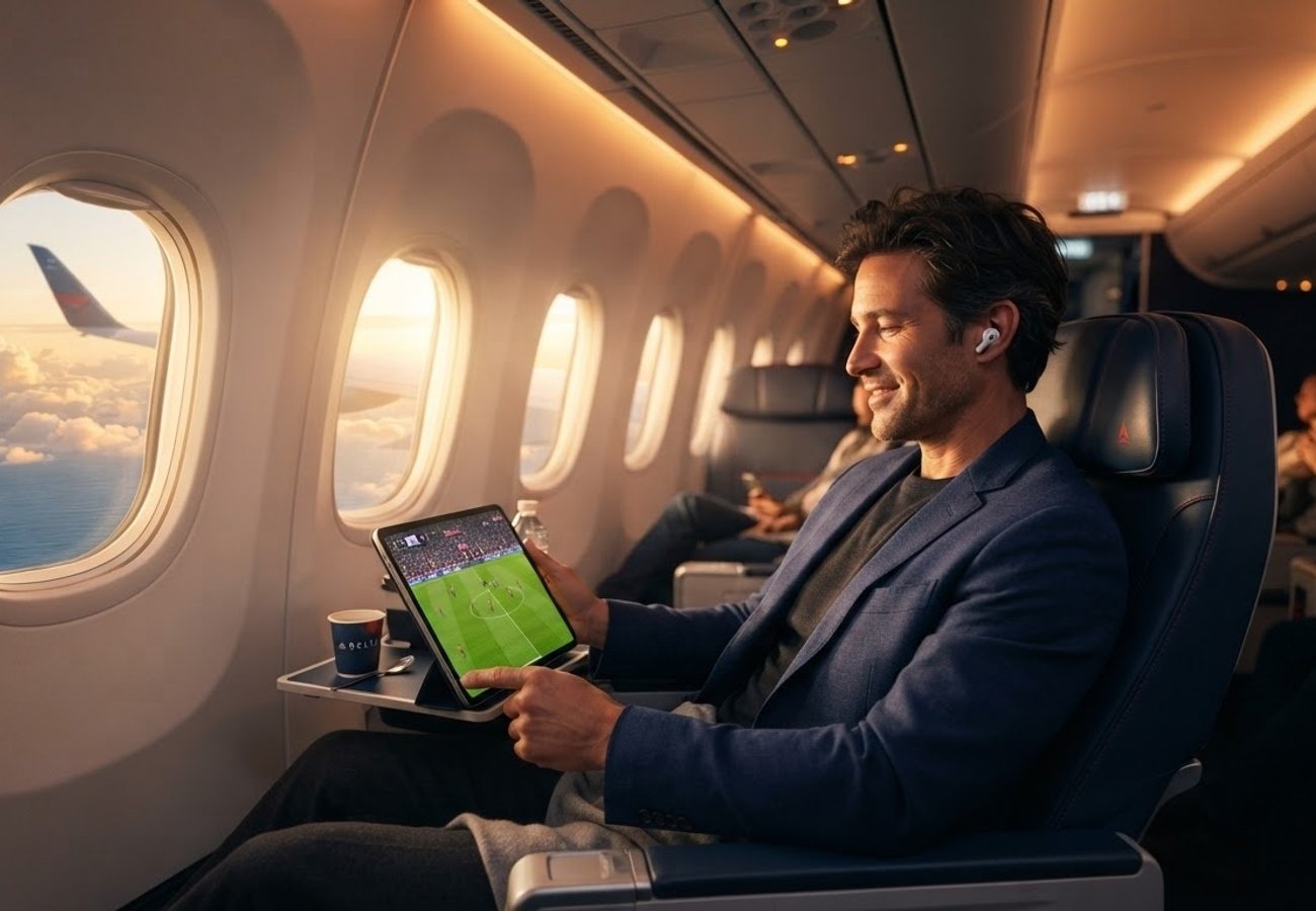 Delta Air Lines aircraft interior showing passenger using a personal device for streaming