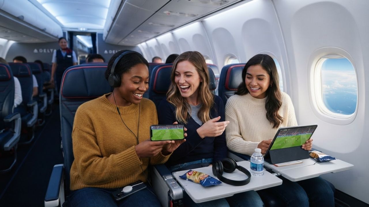 Passenger streaming live sports broadcast on personal tablet during international Delta Air Lines flight
