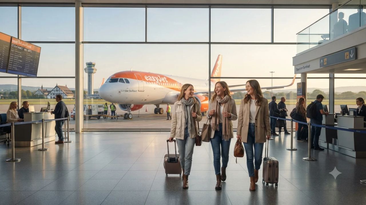 easyJet Airbus aircraft on the runway preparing for departure toward Germany under clear skies