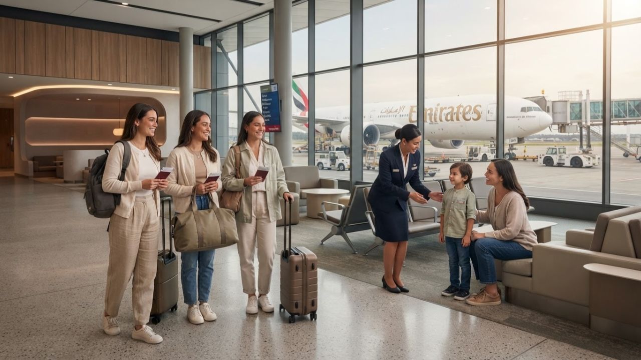 Emirates flight crew welcoming family with children into aircraft cabin during accessible travel rehearsal