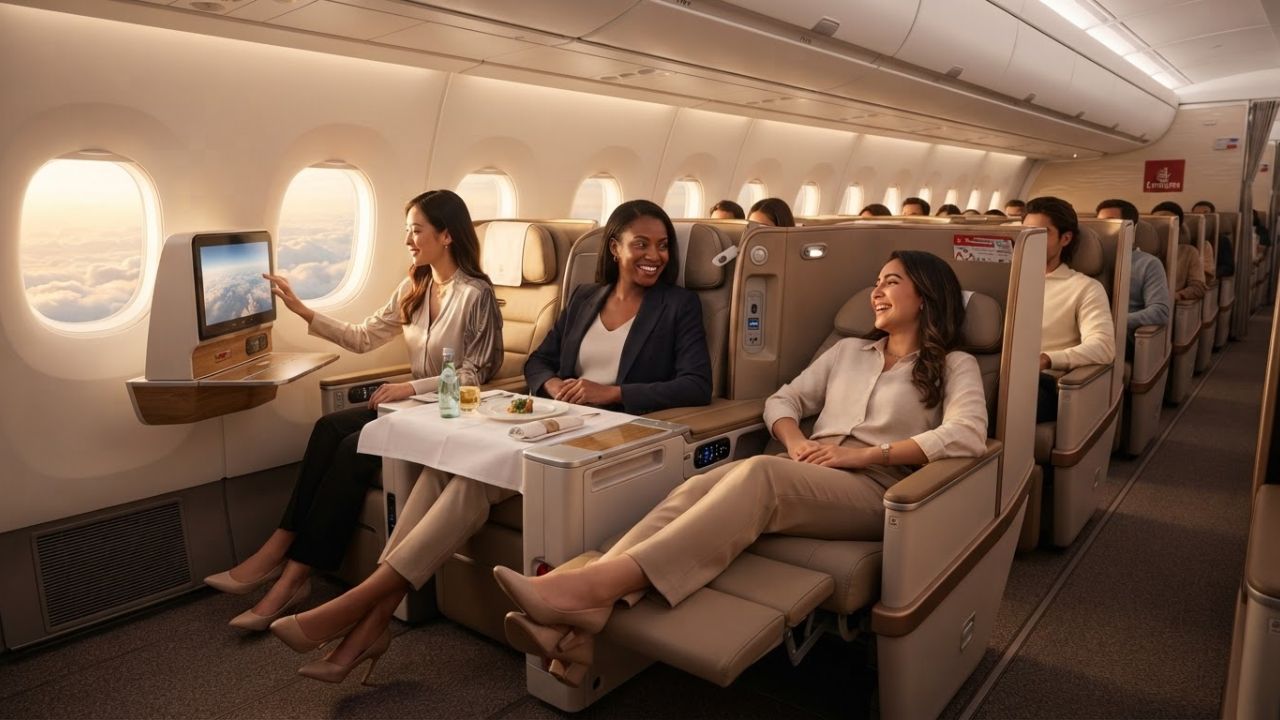 Emirates Premium Economy cabin on Airbus A350 showcasing electric seats with raised privacy dividers