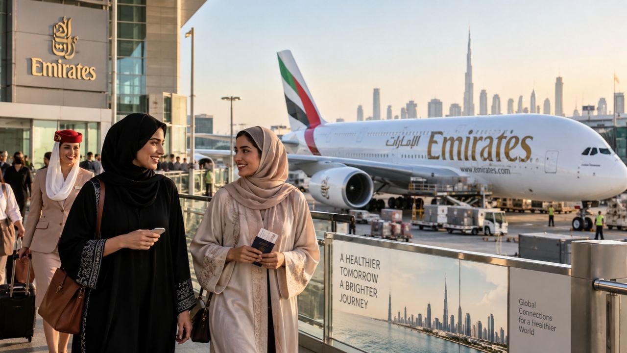 Emirates commercial widebody aircraft on tarmac adjacent to modern Dubai medical towers