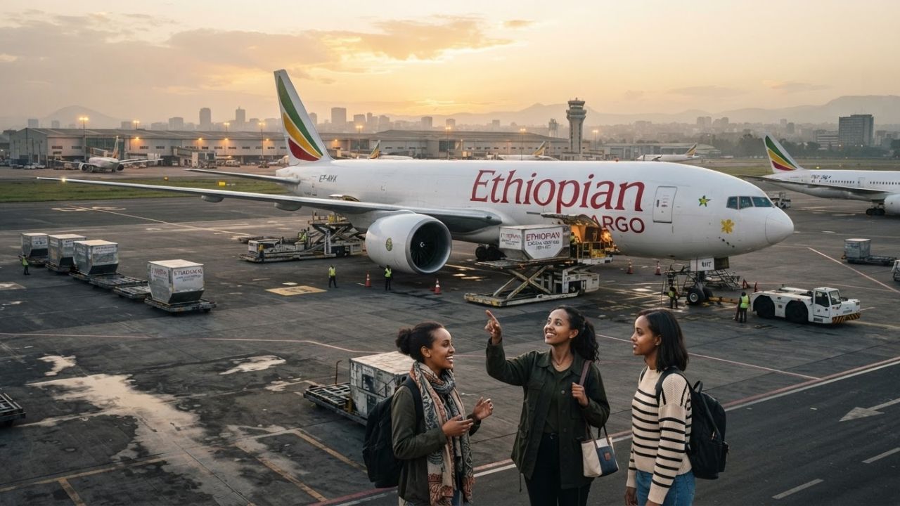Ethiopian Cargo Boeing widebody aircraft parked on the cargo apron at Addis Ababa Bole International Airport