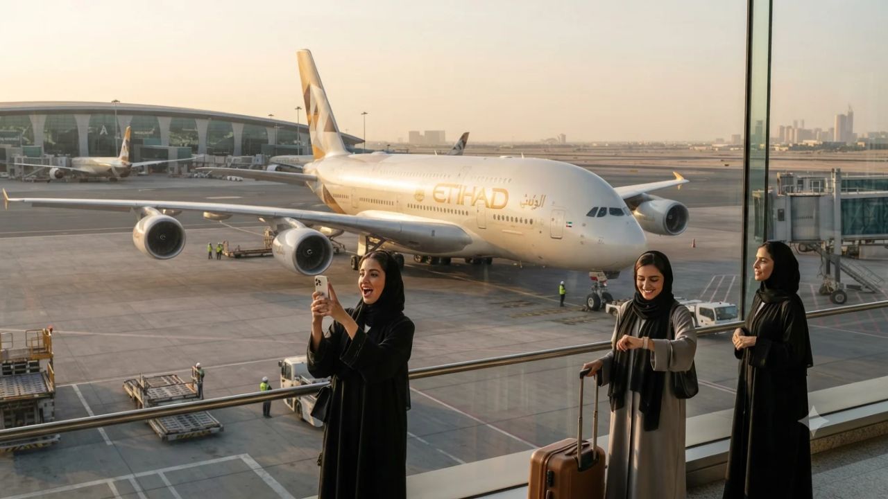 Etihad Airways Airbus A380 aircraft taxiing on the tarmac under clear blue skies