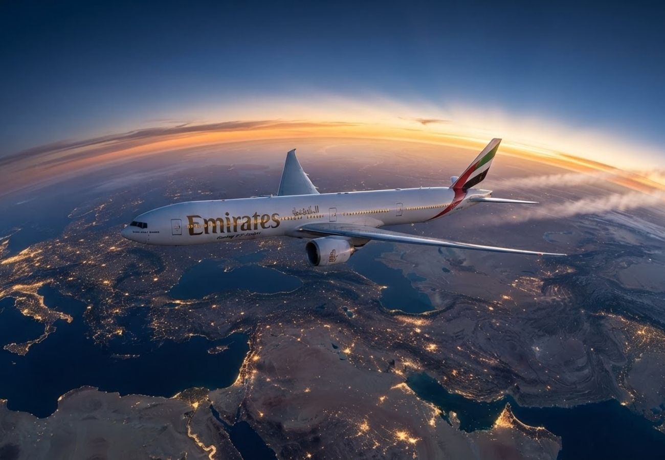 Commercial aircraft flying over a cityscape representing global connectivity