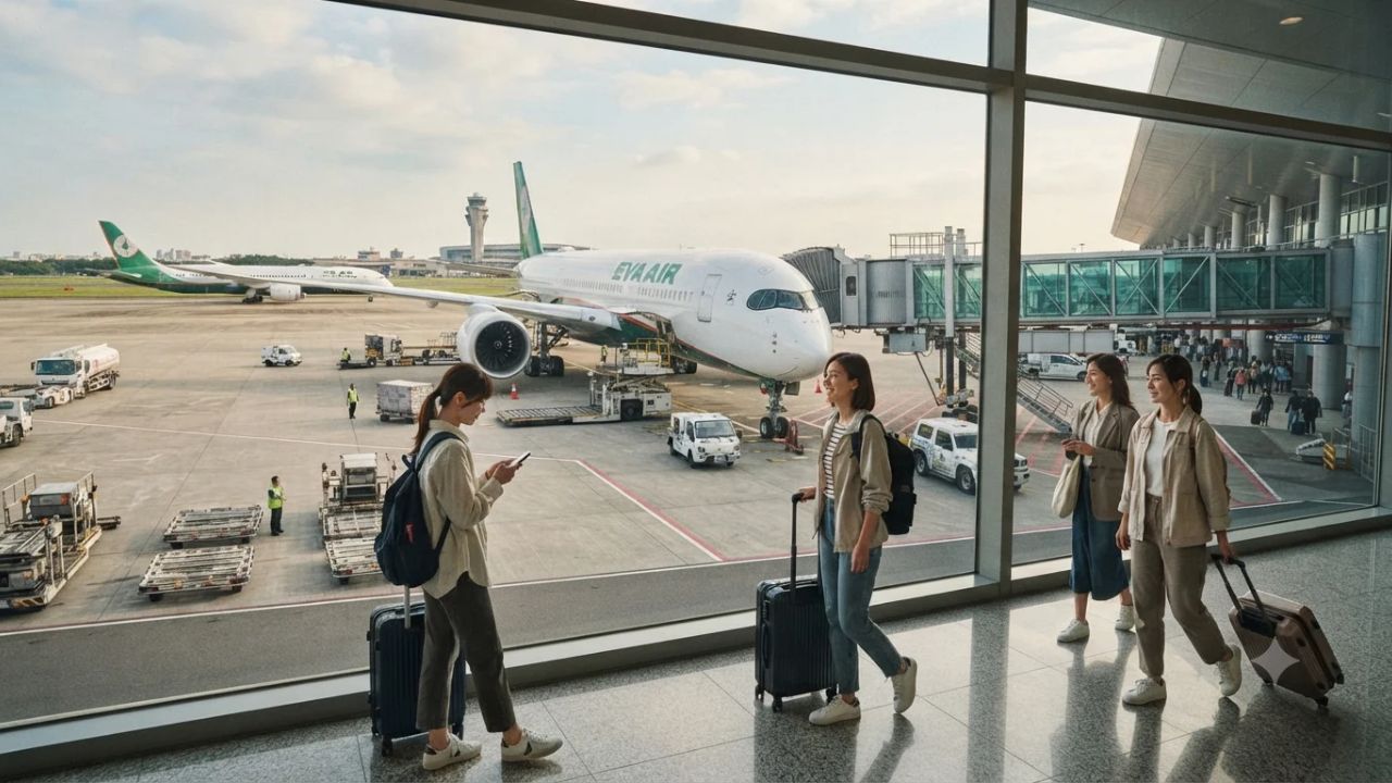 EVA Air long-haul commercial aircraft parked at Taiwan Taoyuan International Airport terminal gate