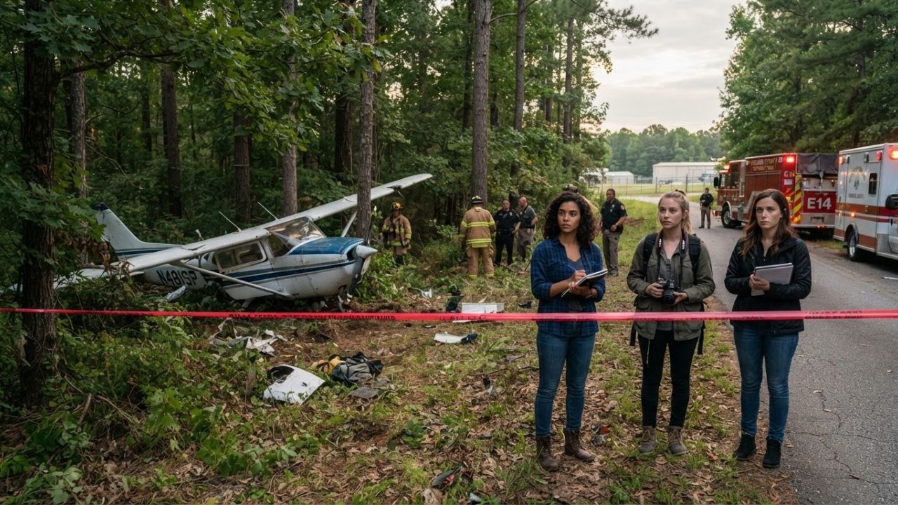 Single-engine training airplane on a regional airport runway with emergency response vehicles in background