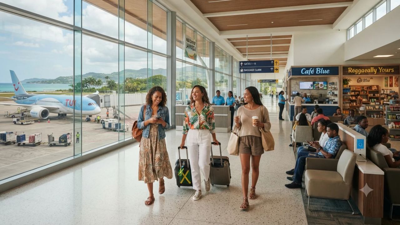 Modern departure concourse and tropical airfield at Sangster International Airport in Montego Bay Jamaica