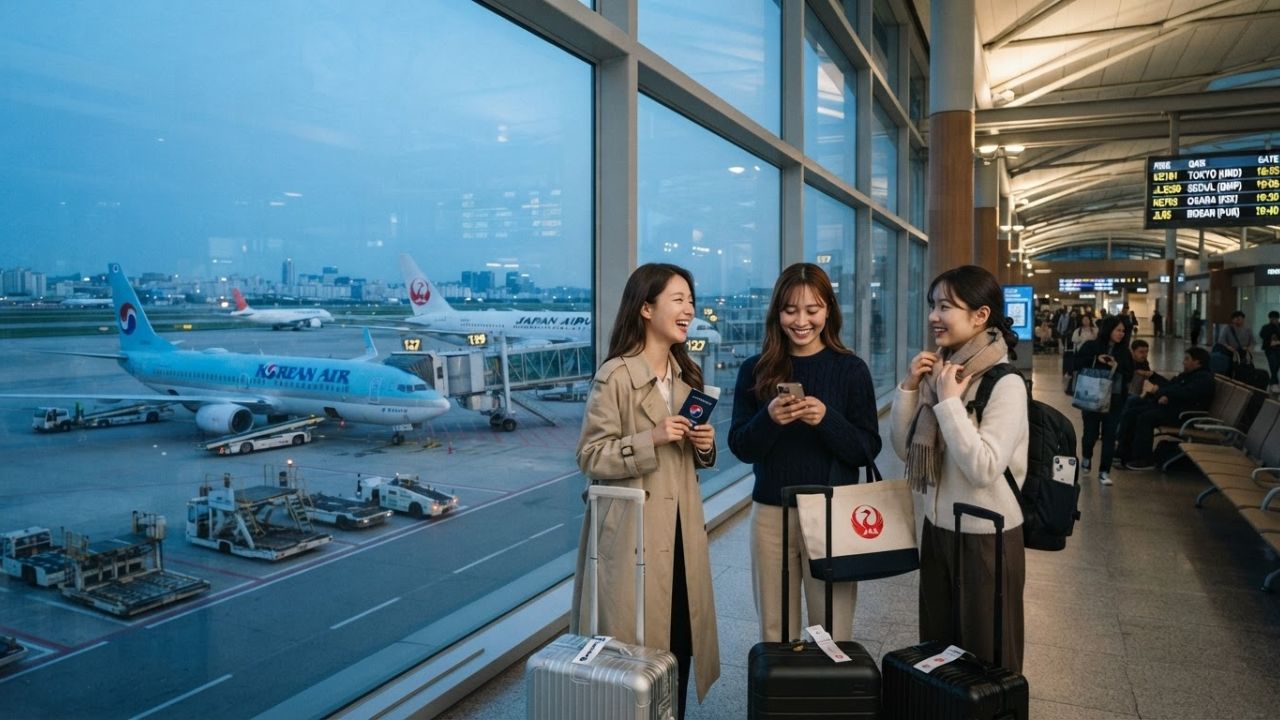 Japan Airlines and Korean Air passenger jets on the airport tarmac at Tokyo Haneda Airport under clear skies