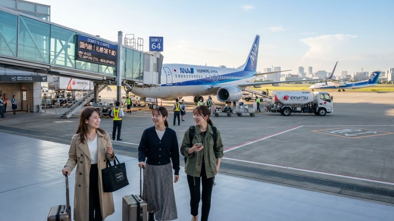 Domestic passenger airliner taxiing at Japanese airport with Mount Fuji in background