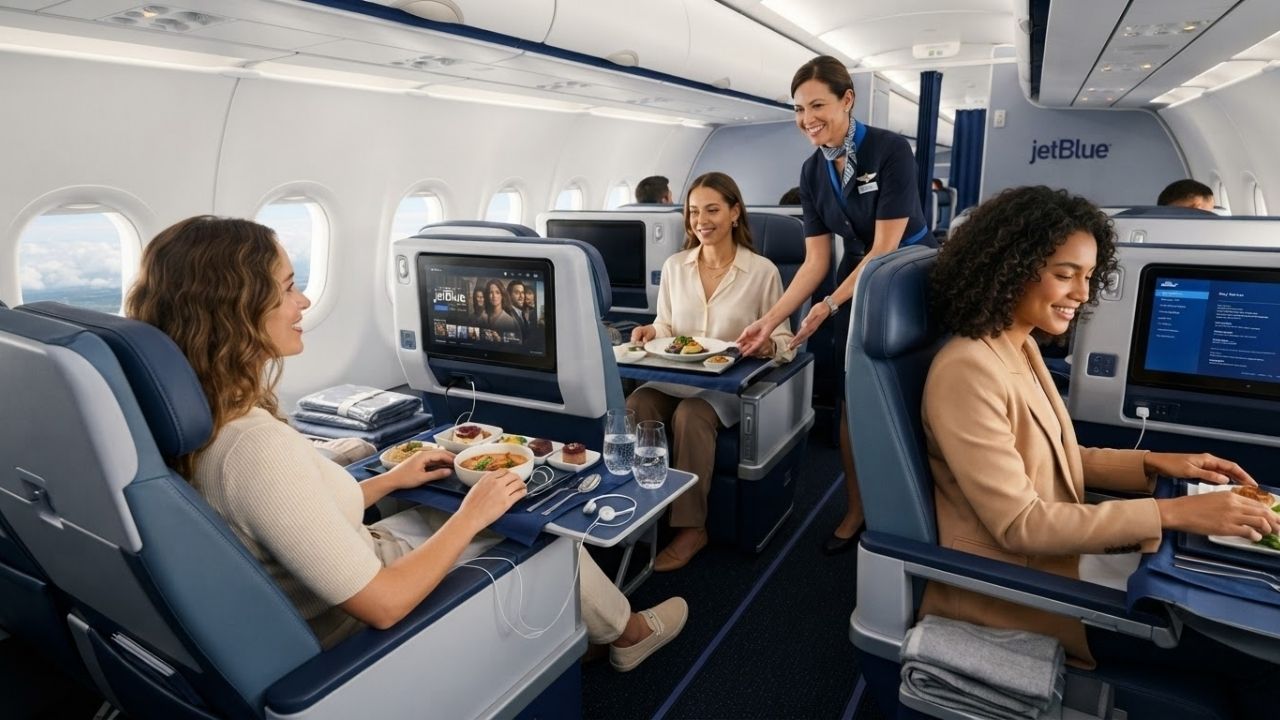 JetBlue BlueFirst premium domestic first-class seat with seatback entertainment screen