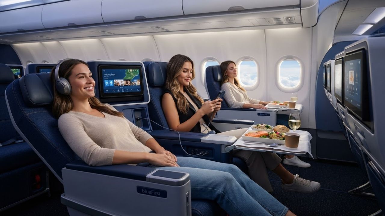 JetBlue BlueFirst domestic first-class seats in 2x2 layout with 13.3-inch screens