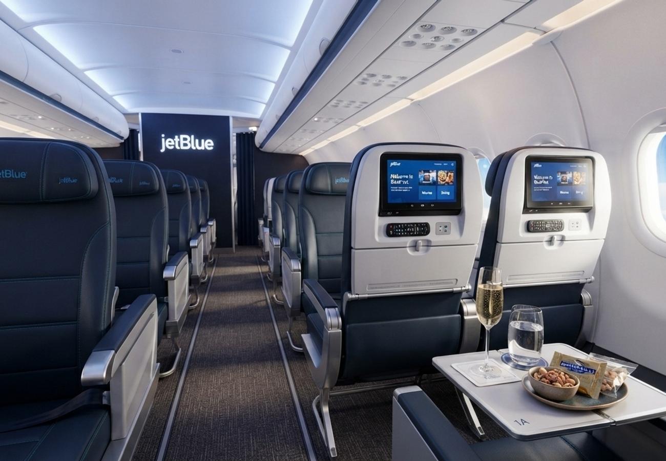 JetBlue BlueFirst premium cabin interior featuring reclining seats and seatback screens