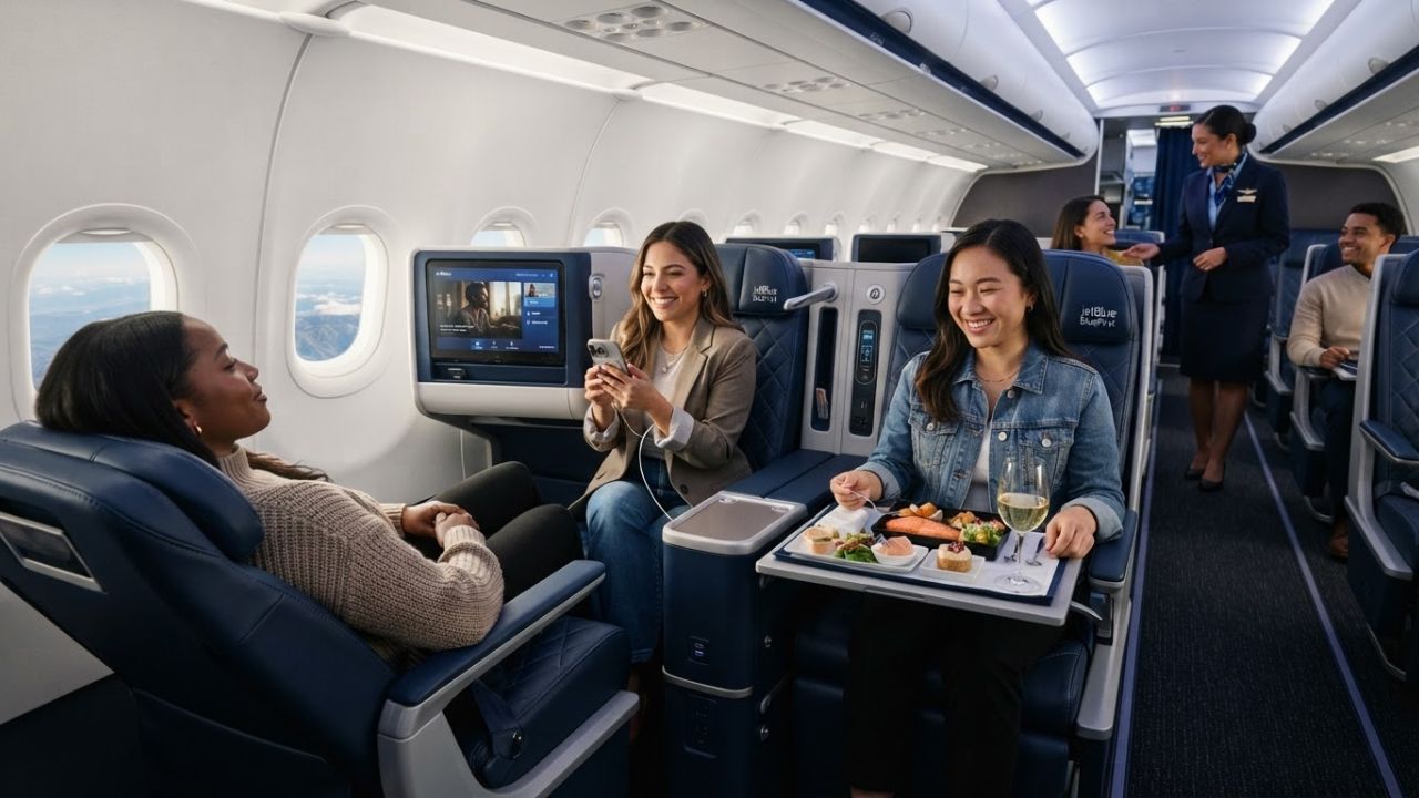 JetBlue BlueFirst modern domestic first class cabin interior with plush 2x2 seats and high-resolution seatback monitors
