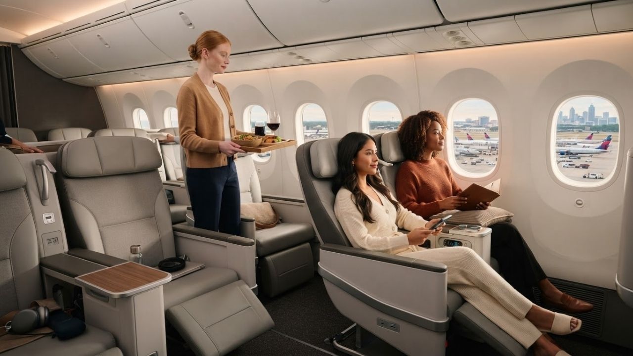 Modern airliner interior showing premium first class seating configuration