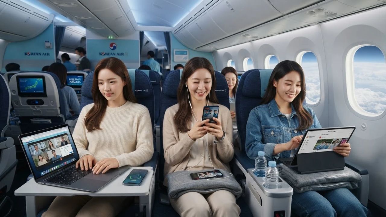 Modern widebody Korean Air passenger jet cruising through golden clouds over the Pacific Ocean