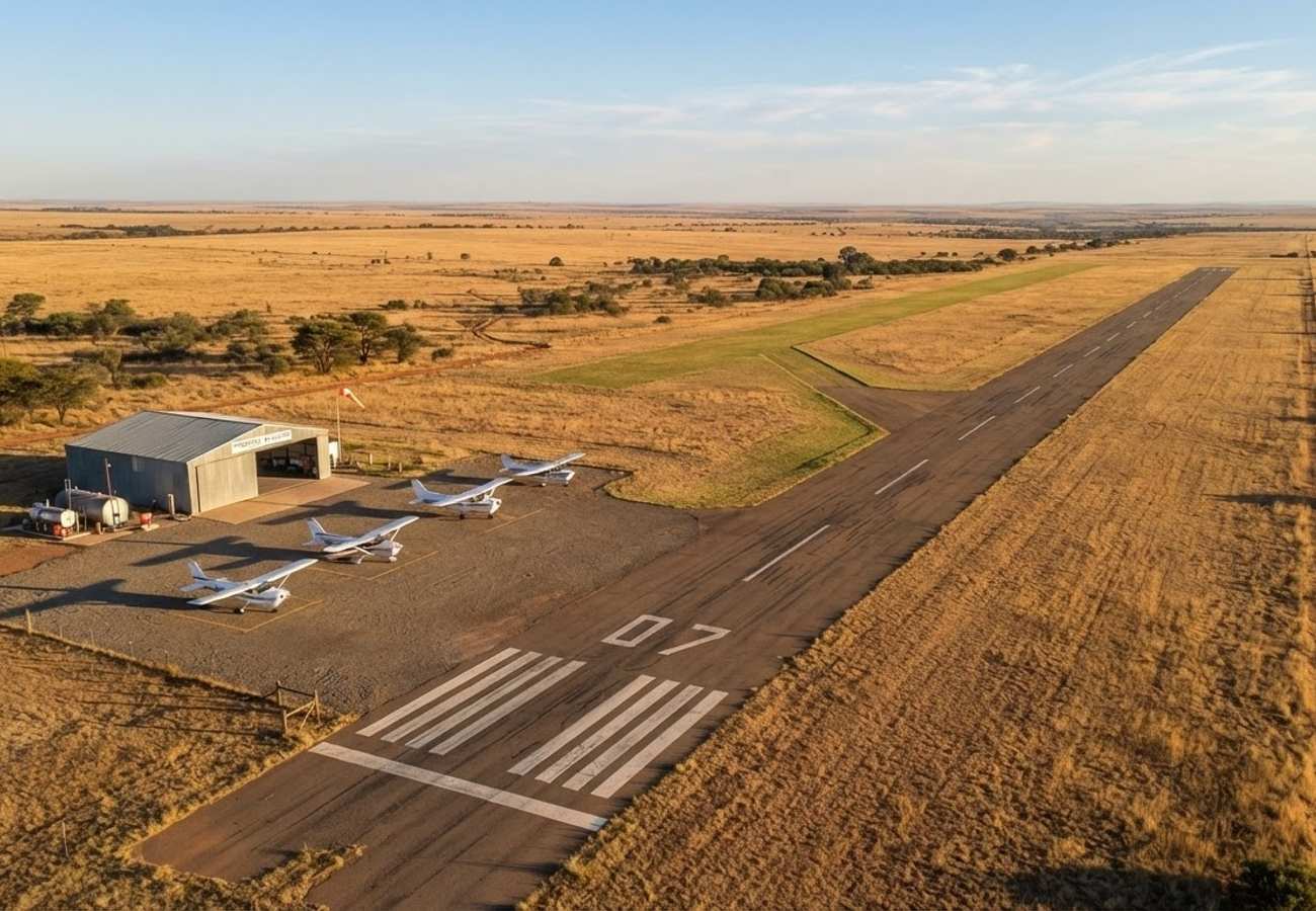 Aerial view of a regional South African aerodrome with asphalt runways
