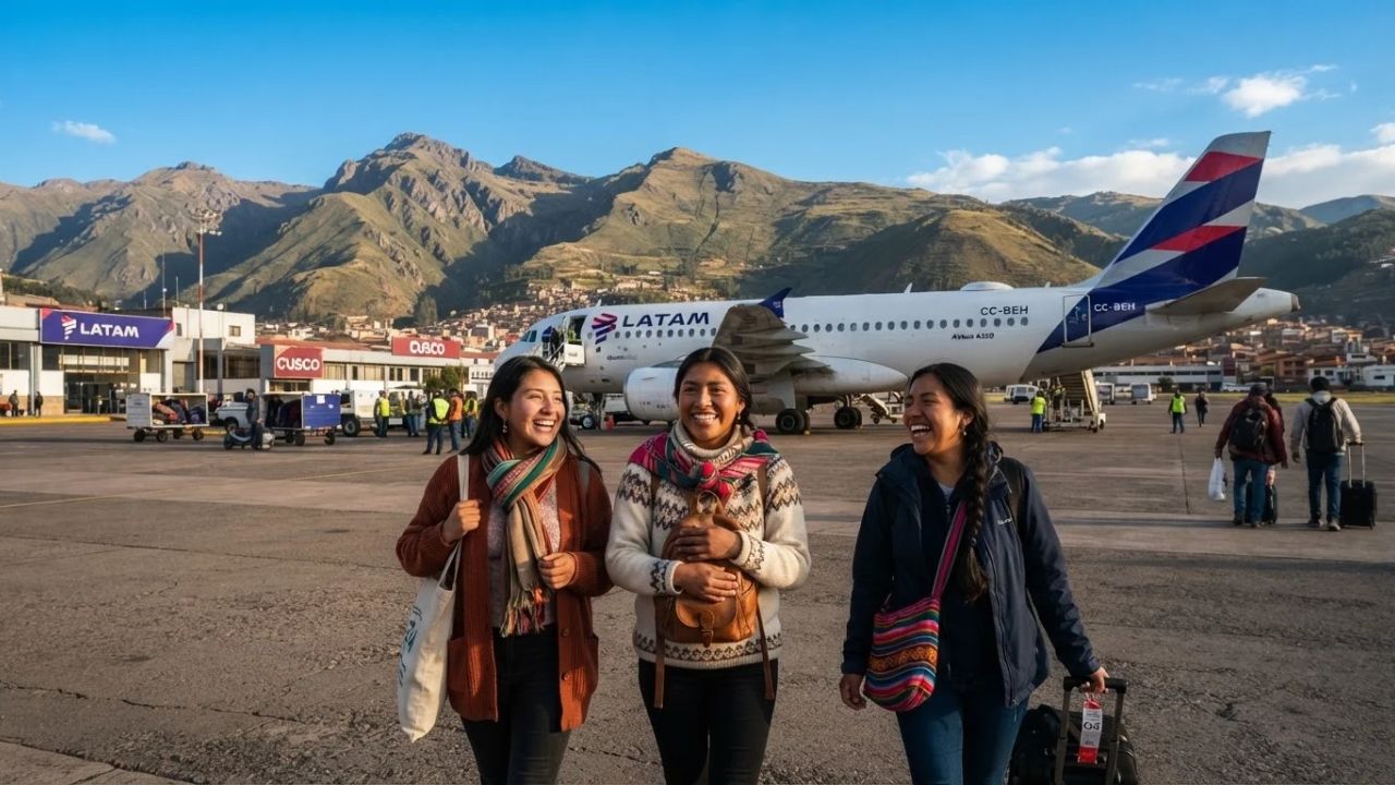 Commercial airliner approaching high altitude Andean mountain valley near Cusco Peru