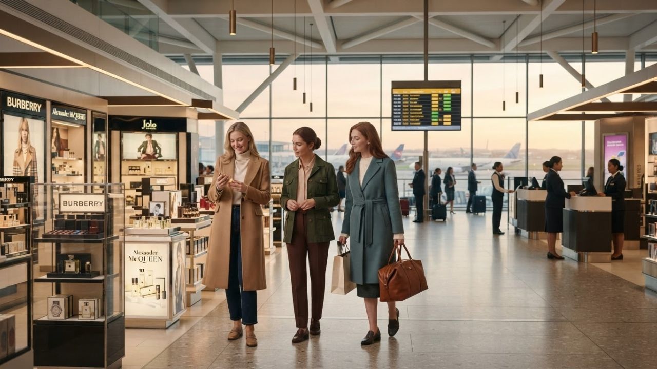 Passengers exploring World Duty Free luxury shopping concourse at London Heathrow Airport Terminal 5