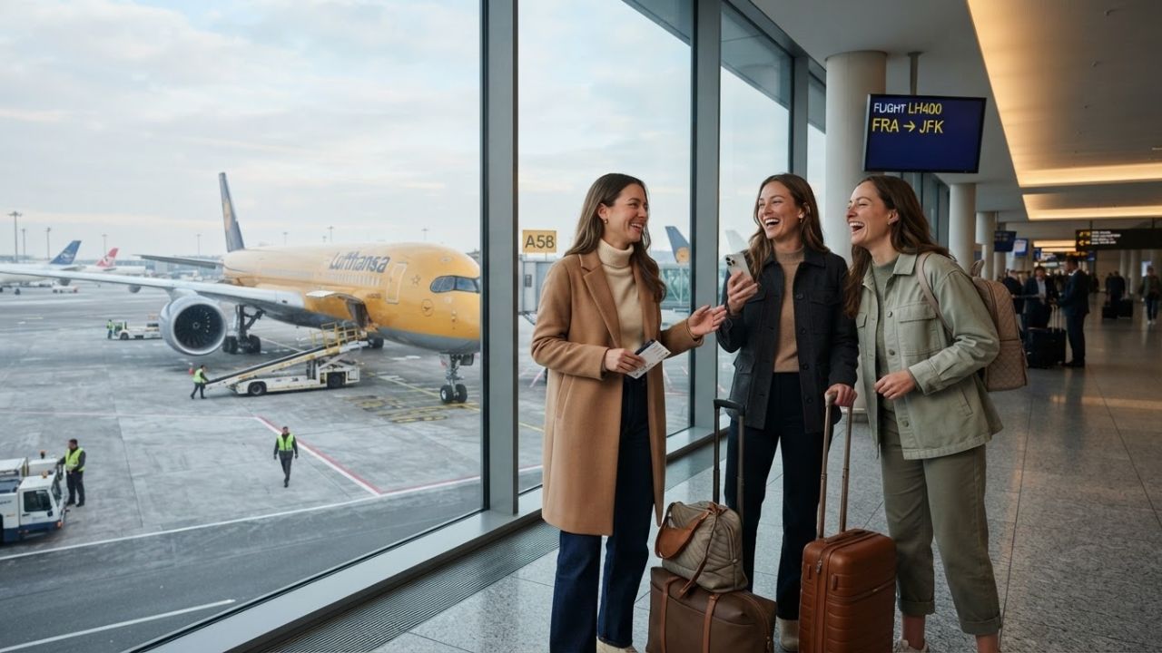 Lufthansa Airbus A350 aircraft parked at Frankfurt Airport terminal gate