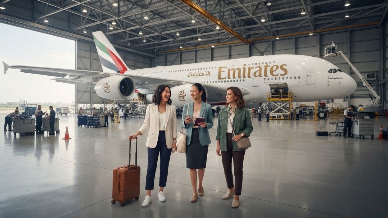Emirates Airbus A380 aircraft undergoing heavy maintenance check inside Lufthansa Technik hangar in Manila