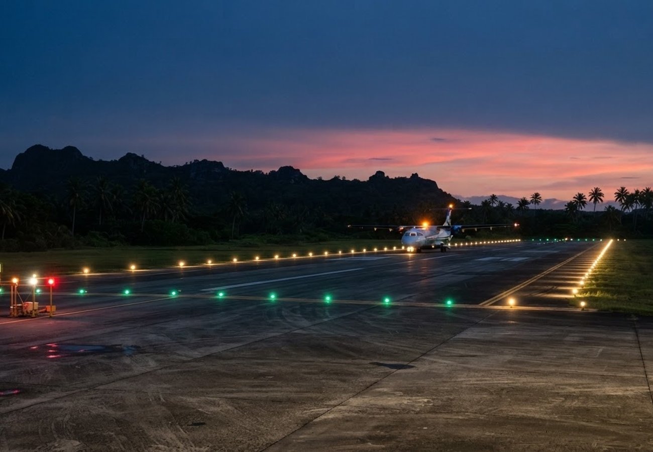 Modular LED runway lighting system installed on a tropical island airstrip