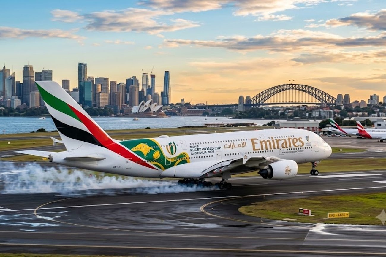 Emirates Airbus A380 superjumbo in special orange Rugby World Cup 2027 livery flying over Sydney Harbour