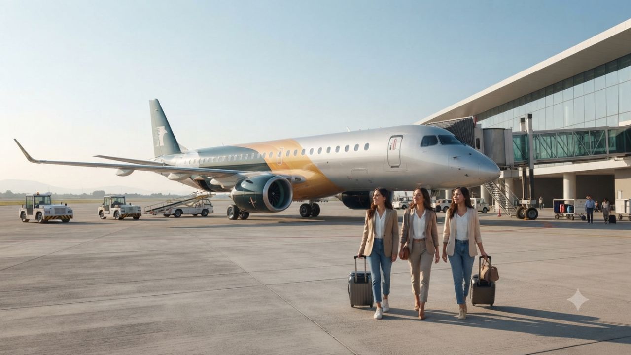 Mexicana Embraer 190-E2 aircraft parked on the apron at Felipe Ángeles International Airport (AIFA)