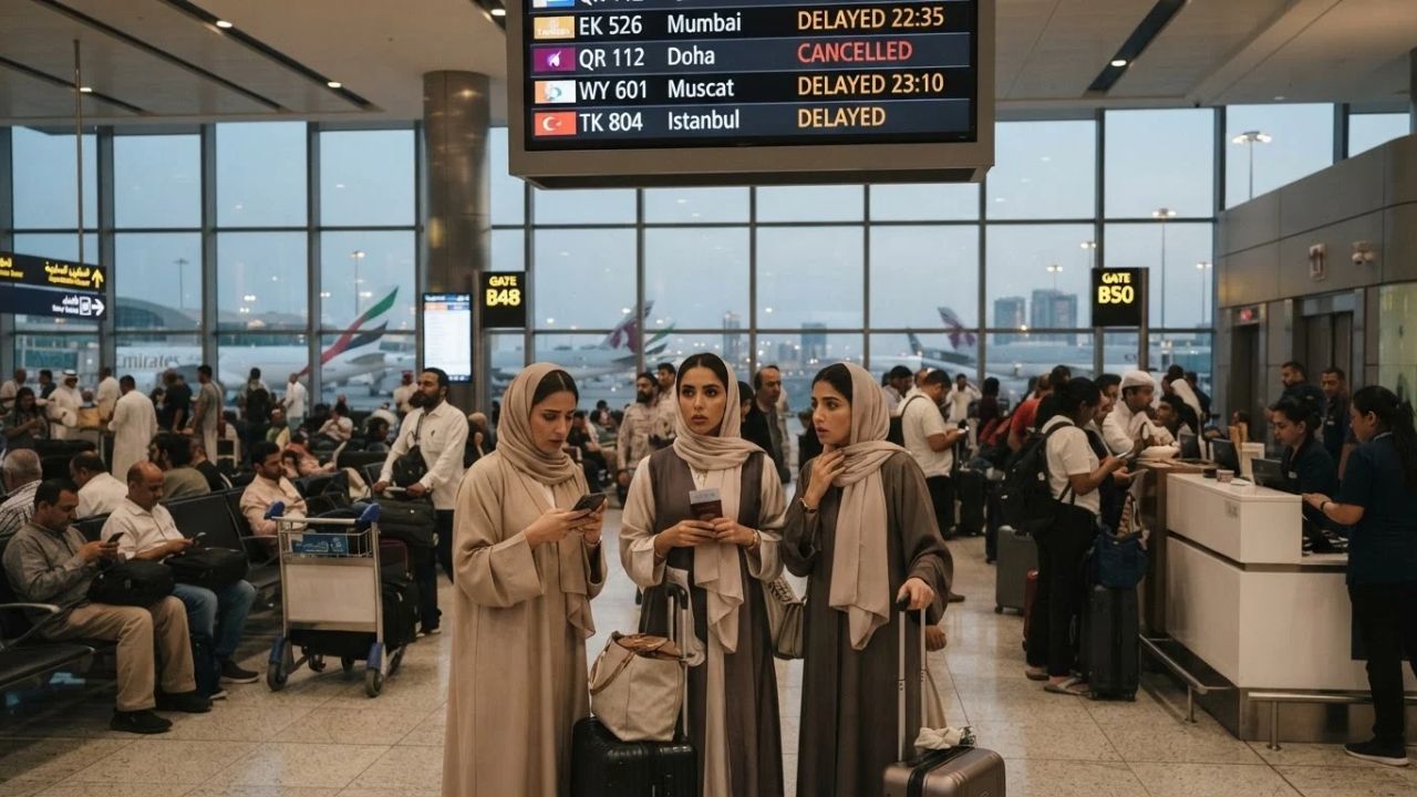 Modern airport control tower and departure terminal concourse in the Middle East during evening transit rush