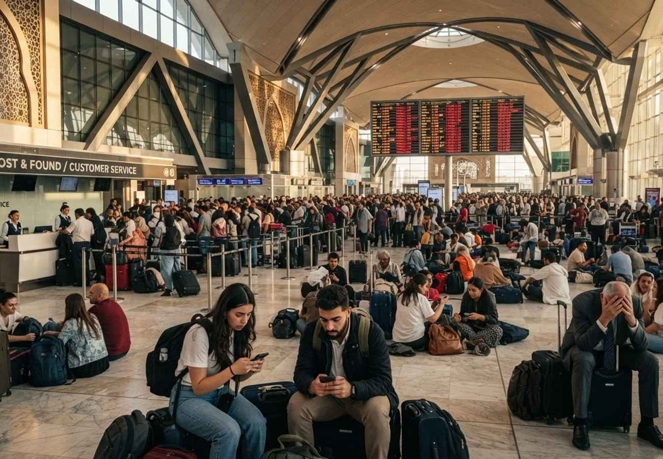Aerial view of a crowded international airport terminal in the Middle East