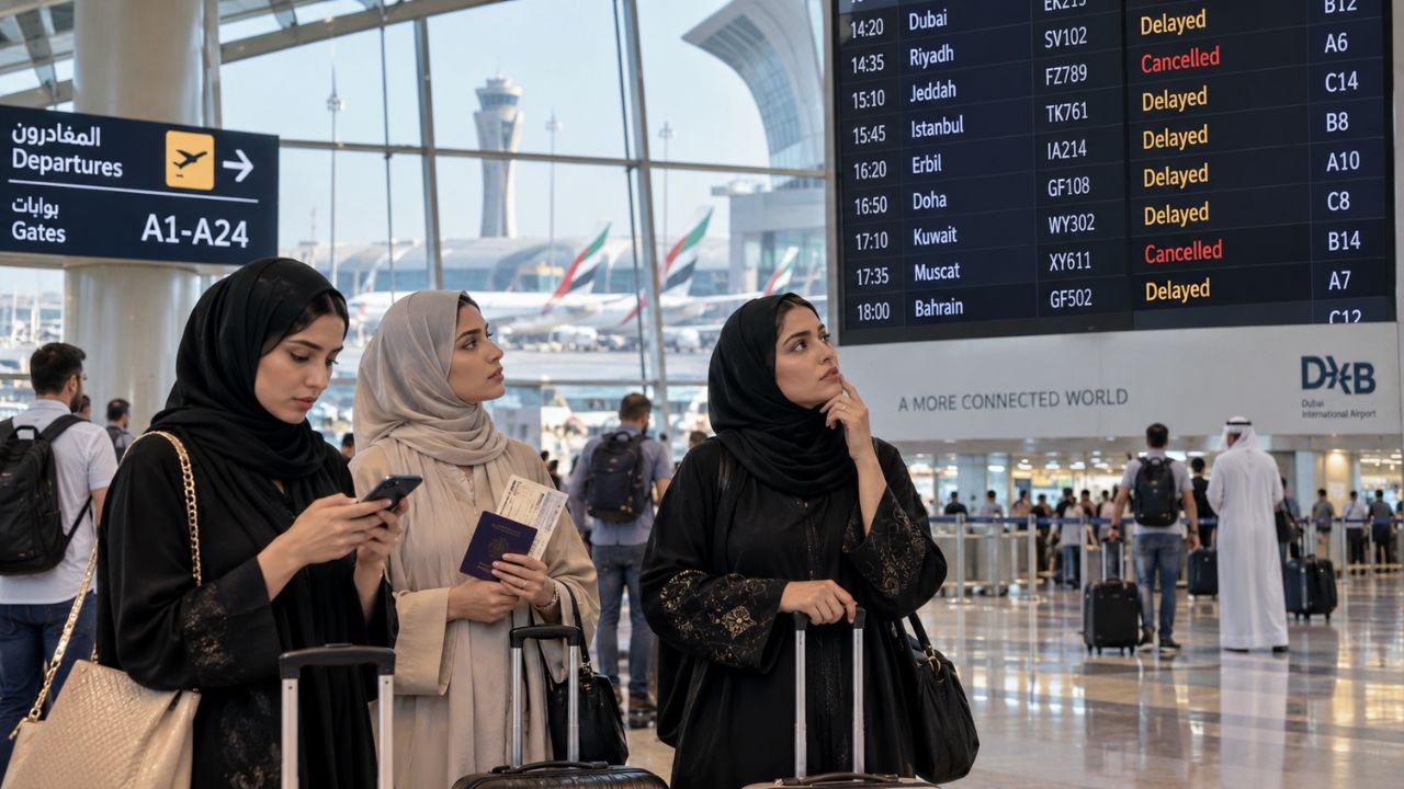 Terminal 3 Dubai International Airport DXB crowded with passengers during Middle East flight disruptions