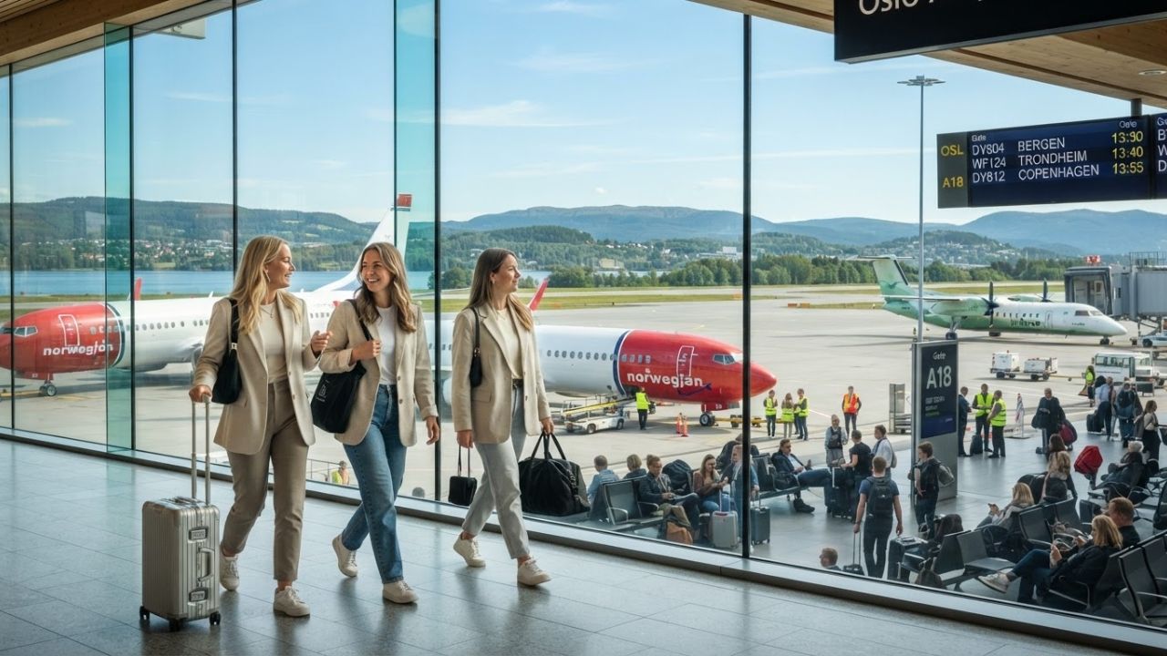Norwegian Boeing 737 passenger jet on the tarmac at Oslo Airport Gardermoen against Nordic scenic skies