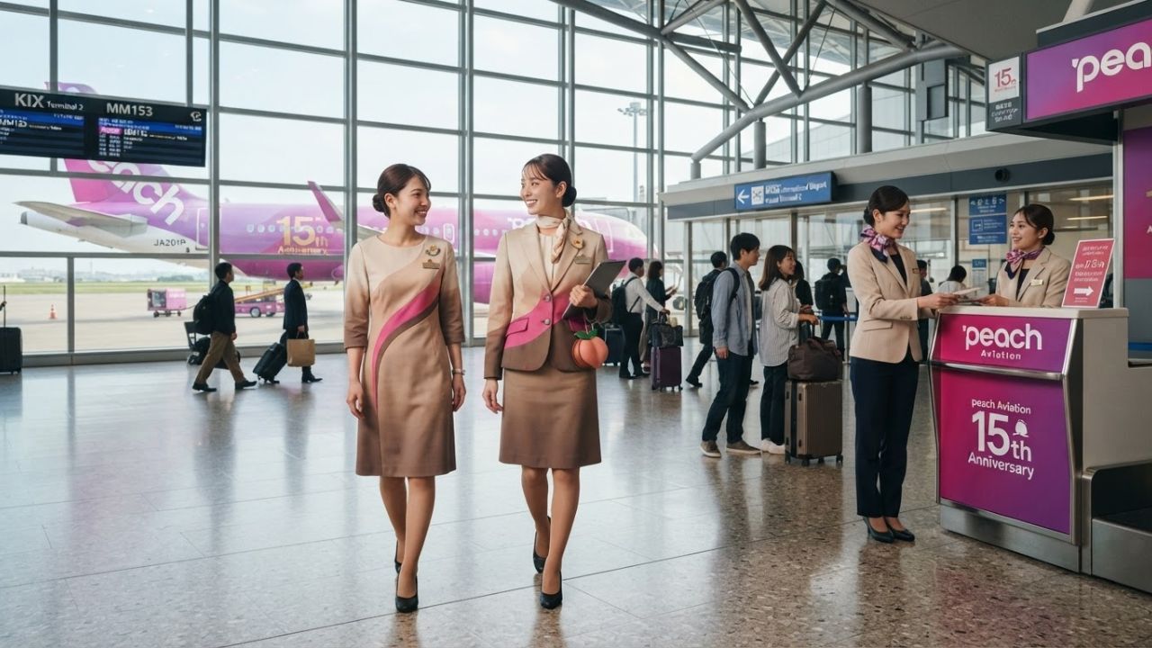 Peach Aviation flight attendants and ground crew modeling new beige and pink uniforms at airport gate