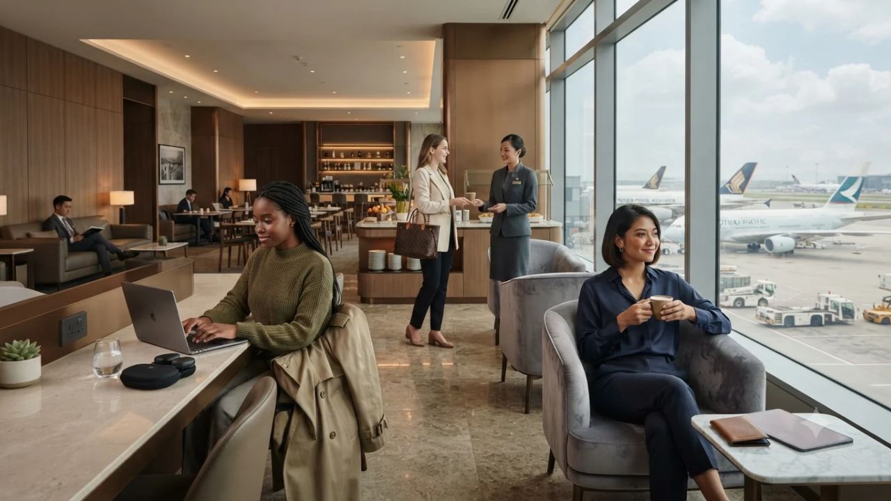 Elegant interior of a Plaza Premium airport lounge with comfortable armchairs and dining area