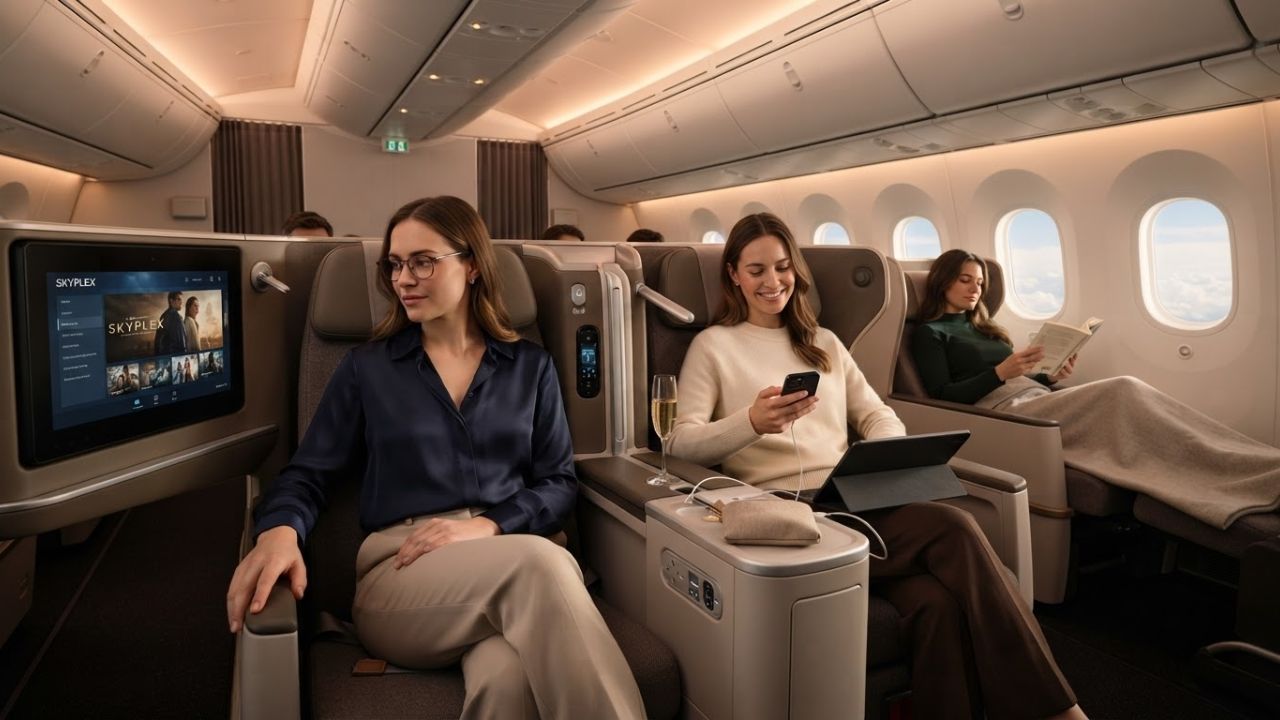 Recaro R4 premium economy cabin seating with 16-inch IFE screens on a Boeing 787
