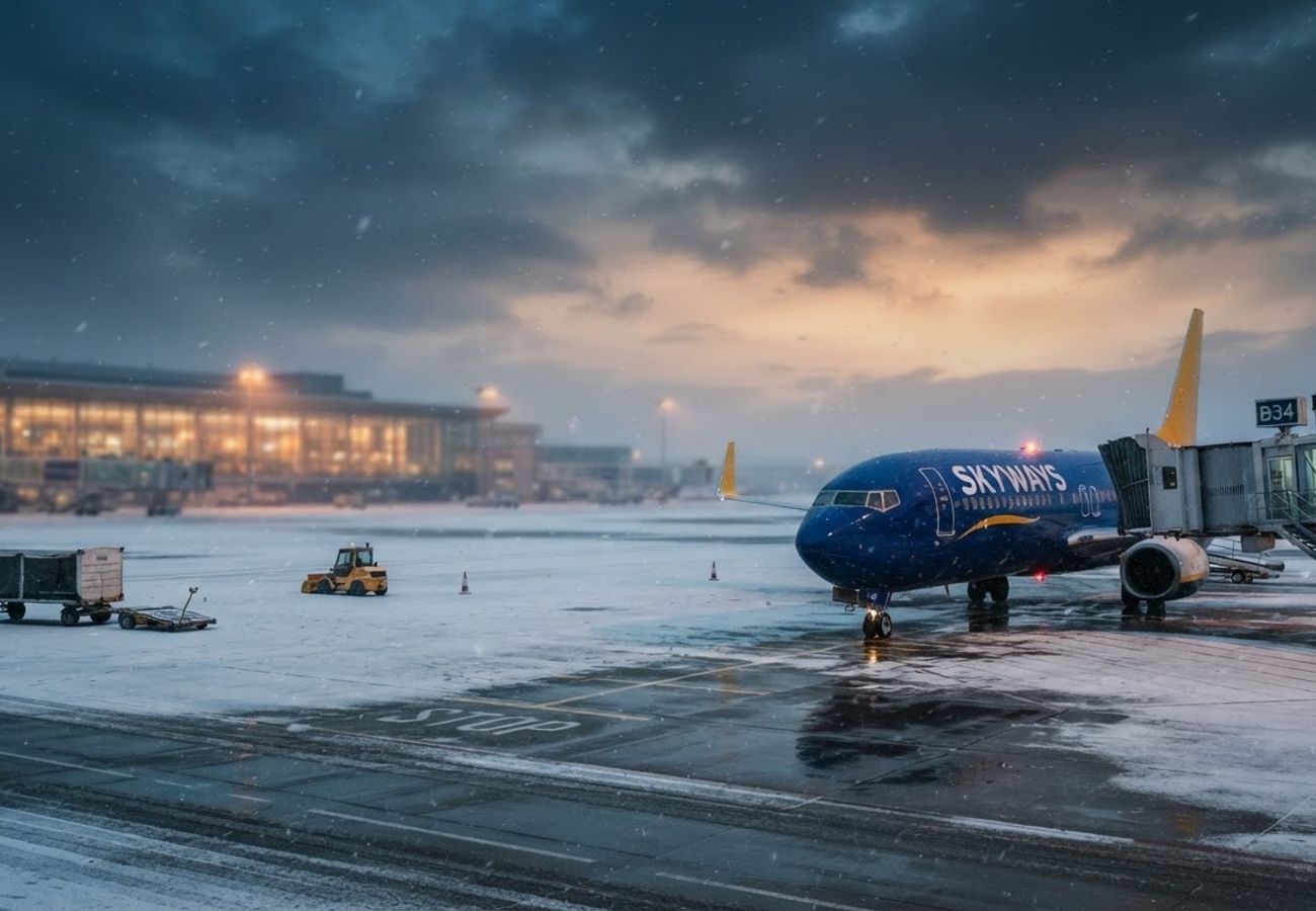 Ryanair aircraft on a European airport tarmac during winter