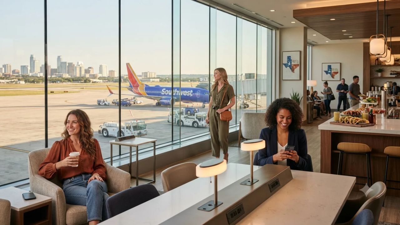 Modern Southwest Airlines airport lounge interior with warm architectural accents, comfortable seating, and premium dining