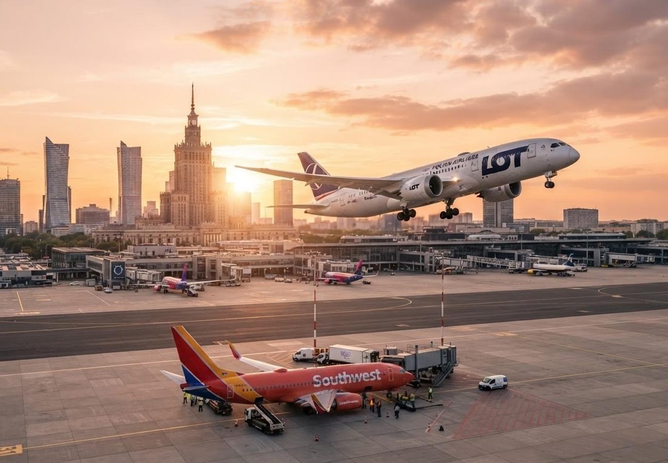 Commercial aircraft from Southwest and LOT Polish Airlines